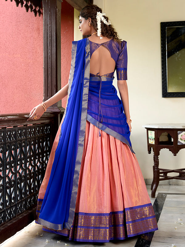 Peach Kanchipuram Zari Weaving Lehenga Choli