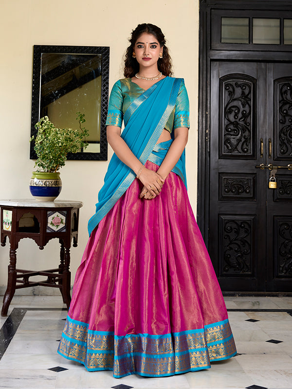 Pink Kanchipuram Zari Weaving Lehenga Choli