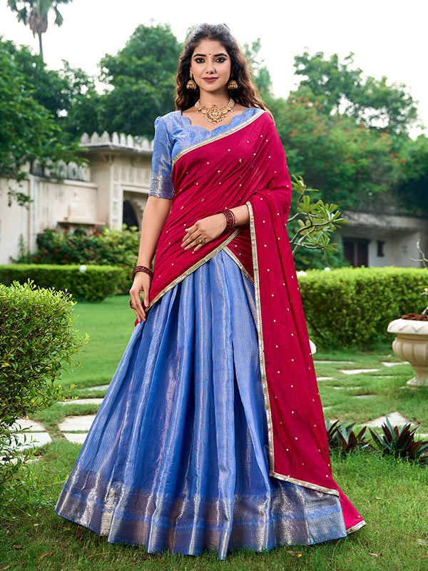 Blue Zari Weaving Kanchipuram Lehenga Choli