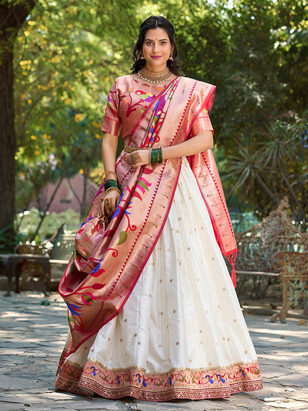 White Jacquard Silk Paithani Zari Weaving Lehenga Choli