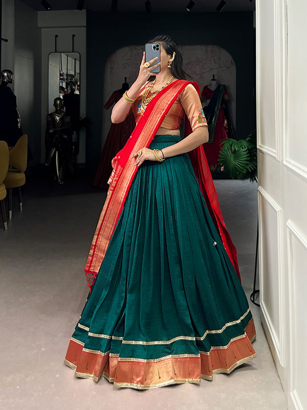 Green & Red Zari Weaving Vichitra Silk Lehenga Choli With Dupatta