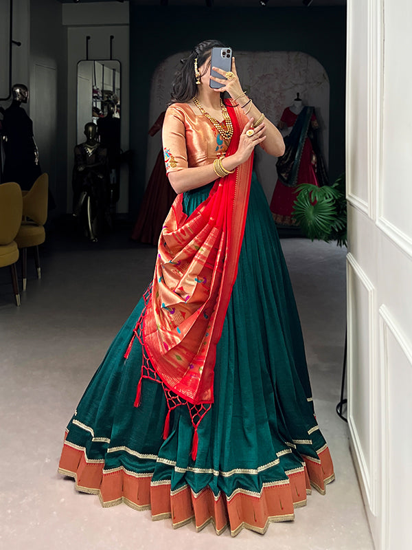 Green & Red Zari Weaving Vichitra Silk Lehenga Choli With Dupatta