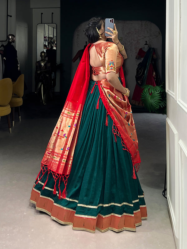 Green & Red Zari Weaving Vichitra Silk Lehenga Choli With Dupatta