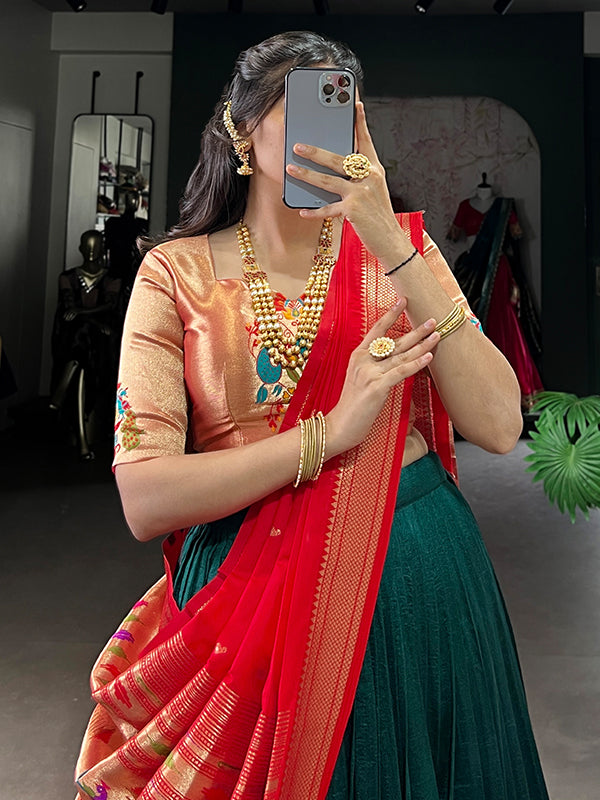 Green & Red Zari Weaving Vichitra Silk Lehenga Choli With Dupatta
