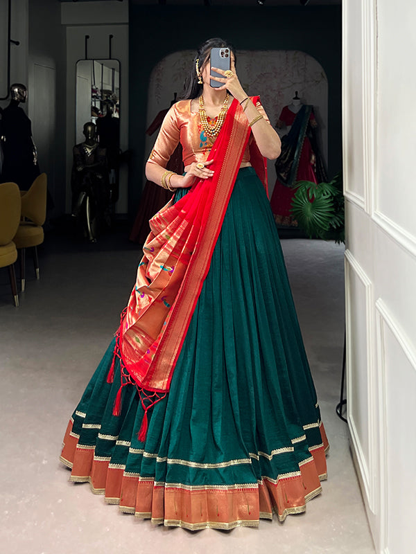 Green & Red Zari Weaving Vichitra Silk Lehenga Choli With Dupatta