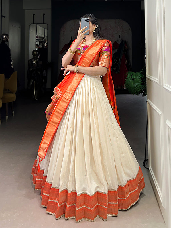 Off White & Orange Zari Weaving Vichitra Silk Lehenga Choli With Dupatta