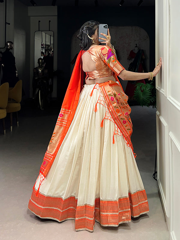 Off White & Orange Zari Weaving Vichitra Silk Lehenga Choli With Dupatta