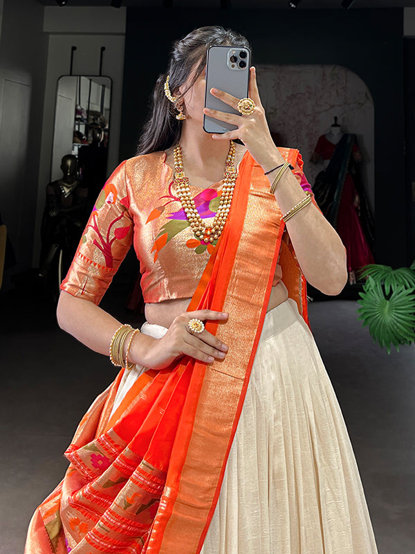 Off White & Orange Zari Weaving Vichitra Silk Lehenga Choli With Dupatta