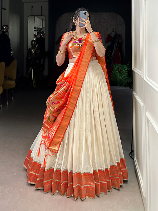 Off White & Orange Zari Weaving Vichitra Silk Lehenga Choli With Dupatta