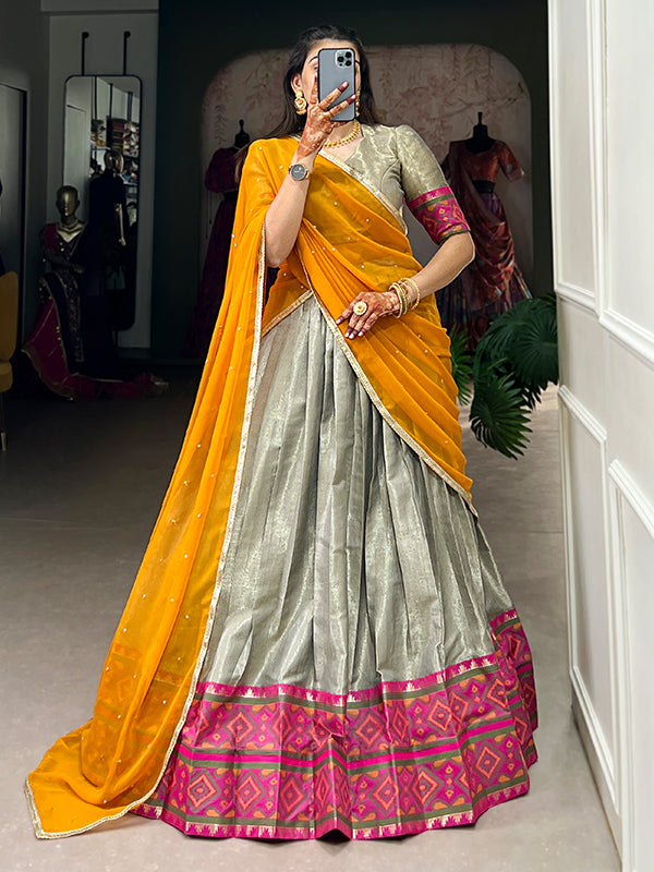 Grey Jacquard Silk Kanjivaram Lehenga Choli With Dupatta