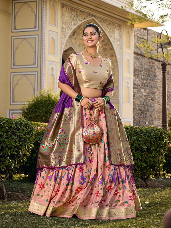 Peach Jacquard Silk Paithani Zari Weaving Lehenga Choli