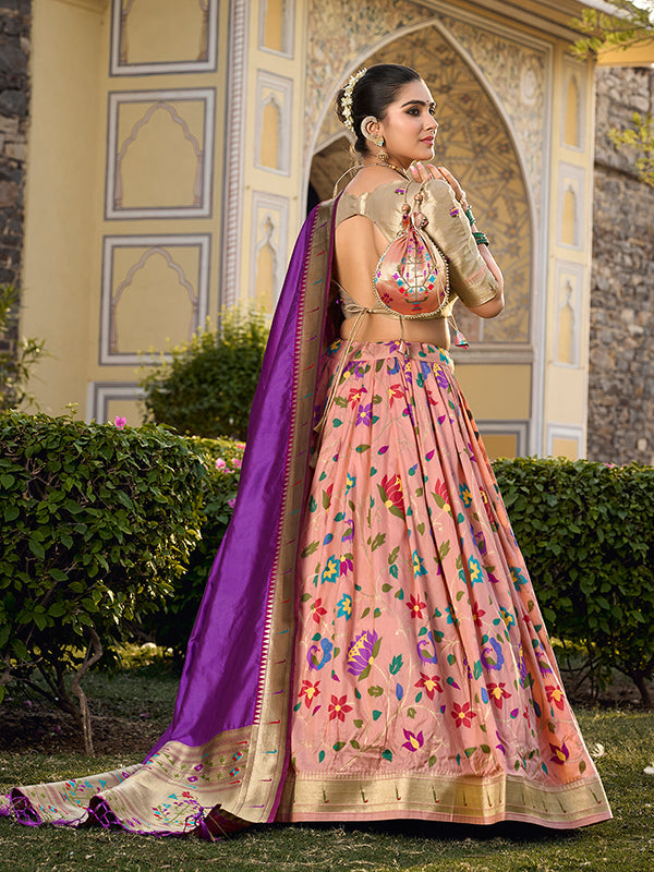 Peach Jacquard Silk Paithani Zari Weaving Lehenga Choli