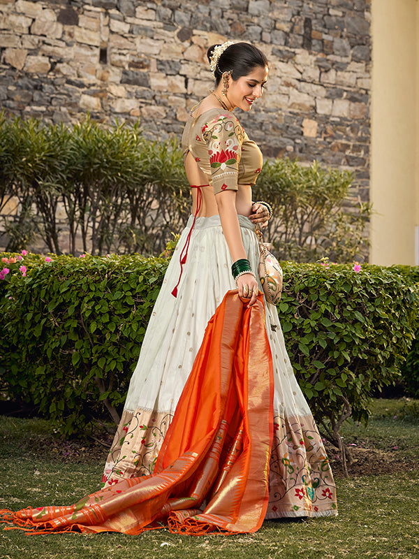 White Jacquard Silk Paithani Zari Weaving Lehenga Choli