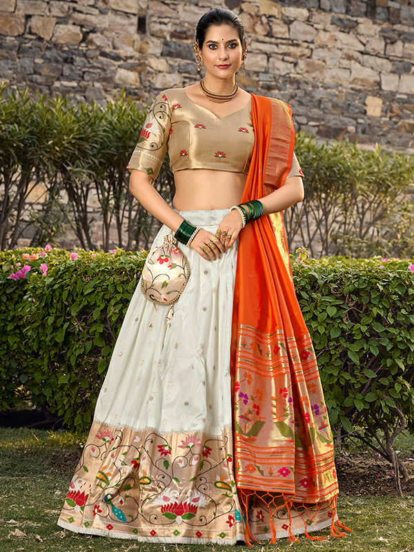 White Jacquard Silk Paithani Zari Weaving Lehenga Choli