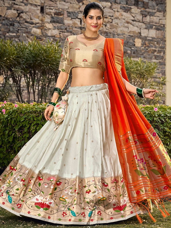 White Jacquard Silk Paithani Zari Weaving Lehenga Choli