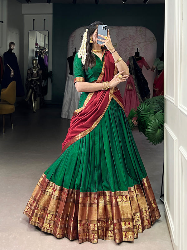 Green & Red Narayana Pet Silk Lehenga Choli With Dupatta