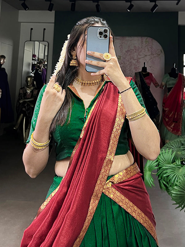 Green & Red Narayana Pet Silk Lehenga Choli With Dupatta