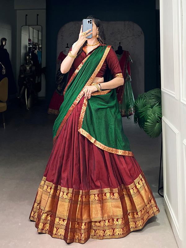 Maroon & Green Narayana Pet Silk Lehenga Choli With Dupatta