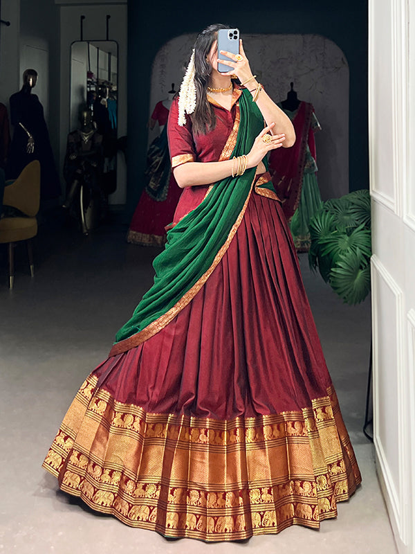 Maroon & Green Narayana Pet Silk Lehenga Choli With Dupatta