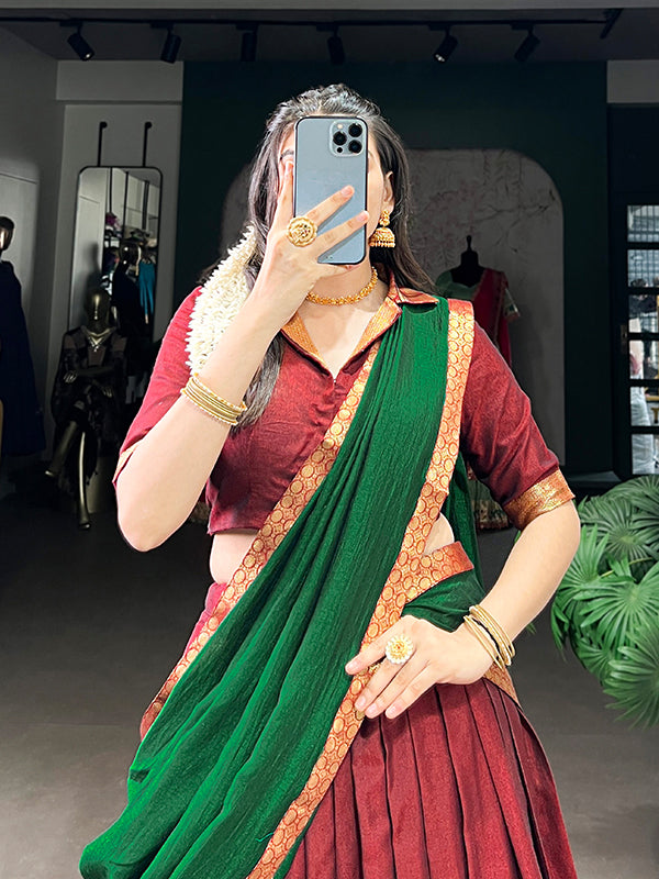 Maroon & Green Narayana Pet Silk Lehenga Choli With Dupatta