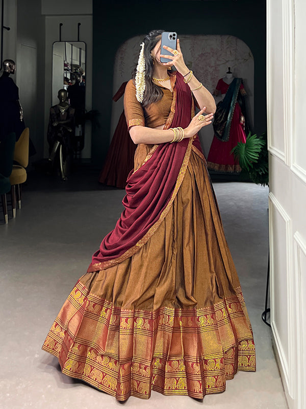 Mustard & Maroon Narayana Pet Silk Lehenga Choli With Dupatta