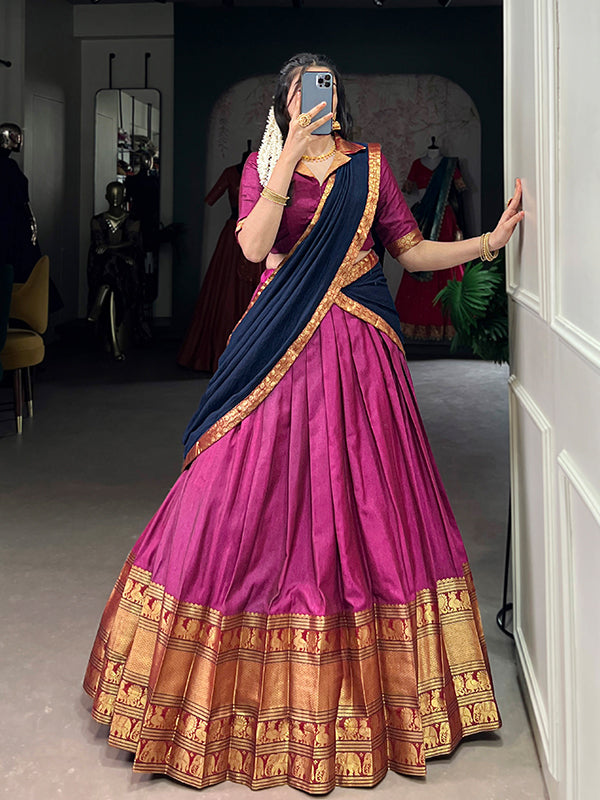 Pink & Navy Blue Narayana Pet Silk Lehenga Choli With Dupatta