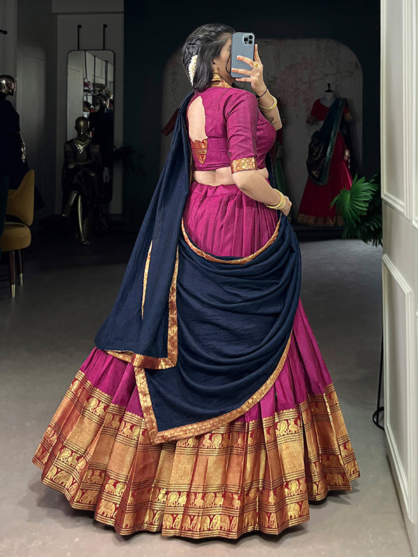 Pink & Navy Blue Narayana Pet Silk Lehenga Choli With Dupatta
