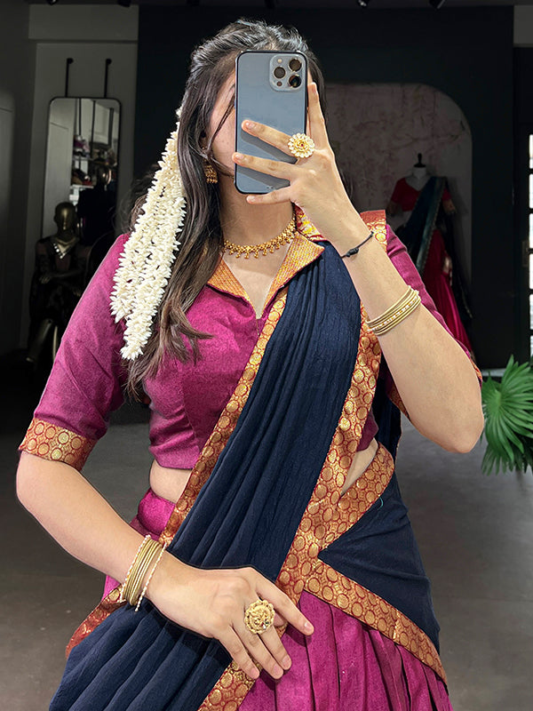 Pink & Navy Blue Narayana Pet Silk Lehenga Choli With Dupatta
