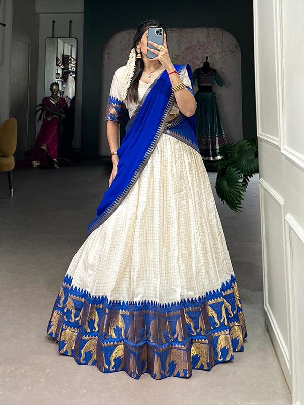 Blue & White Kalyani Cotton Lehenga Choli With Dupatta