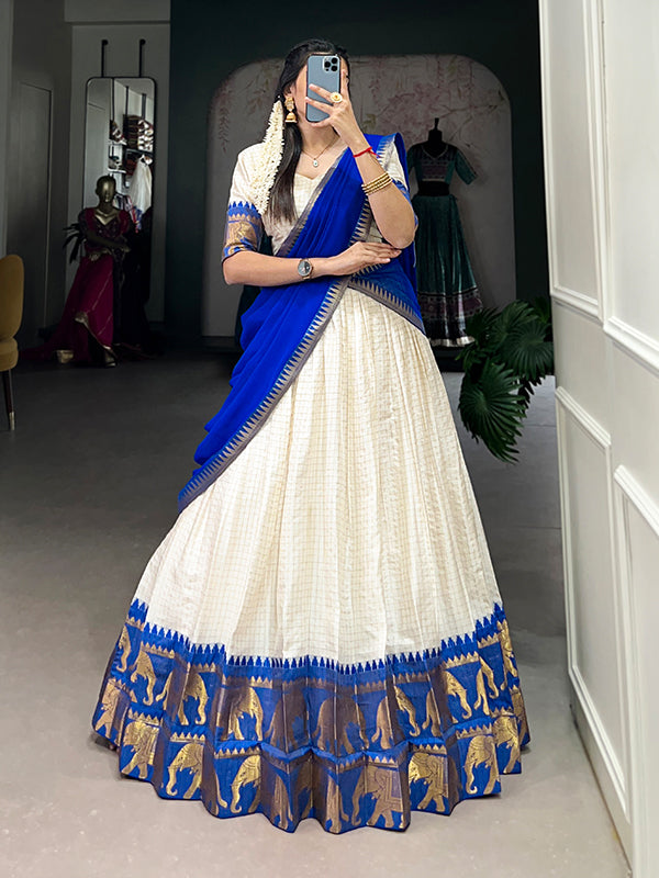 Blue & White Kalyani Cotton Lehenga Choli With Dupatta