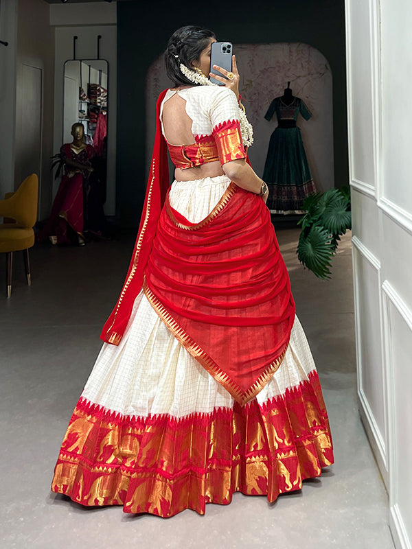 Red & White Kalyani Cotton Lehenga Choli With Dupatta