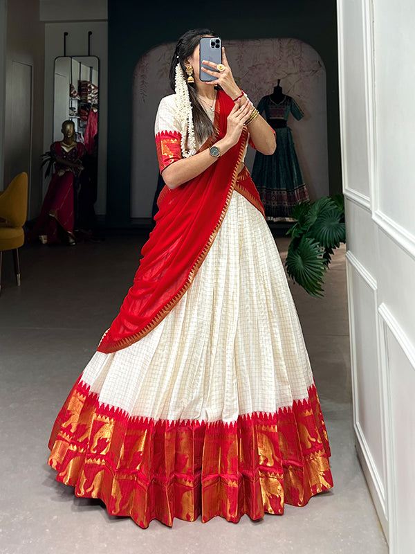 Red & White Kalyani Cotton Lehenga Choli With Dupatta