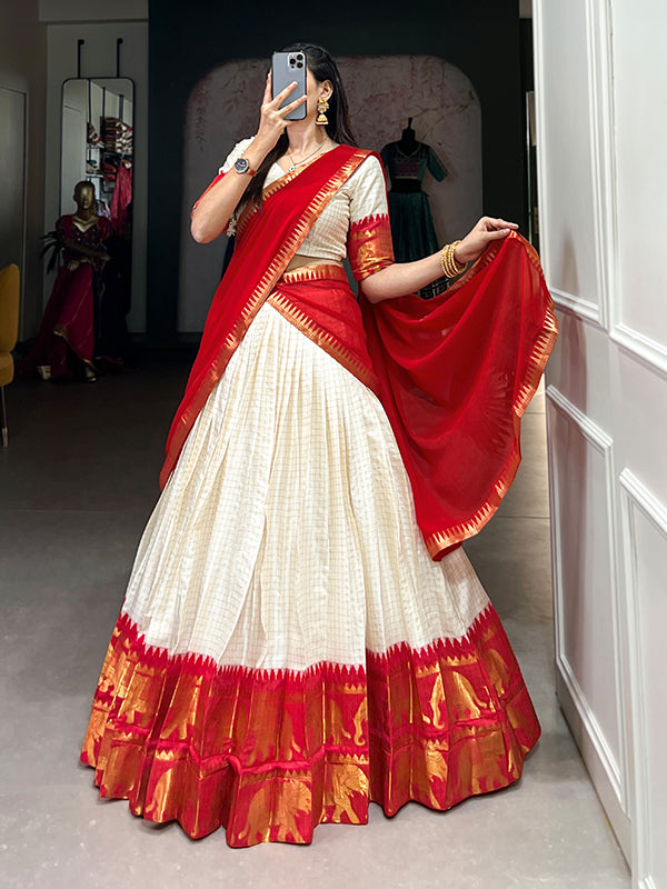 Red & White Kalyani Cotton Lehenga Choli With Dupatta