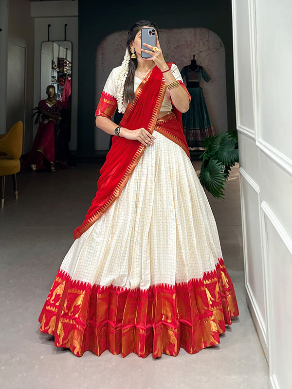 Red & White Kalyani Cotton Lehenga Choli With Dupatta