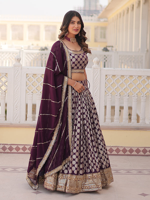 Wine Viscose Jacquard With Embroidered Lehenga Choli