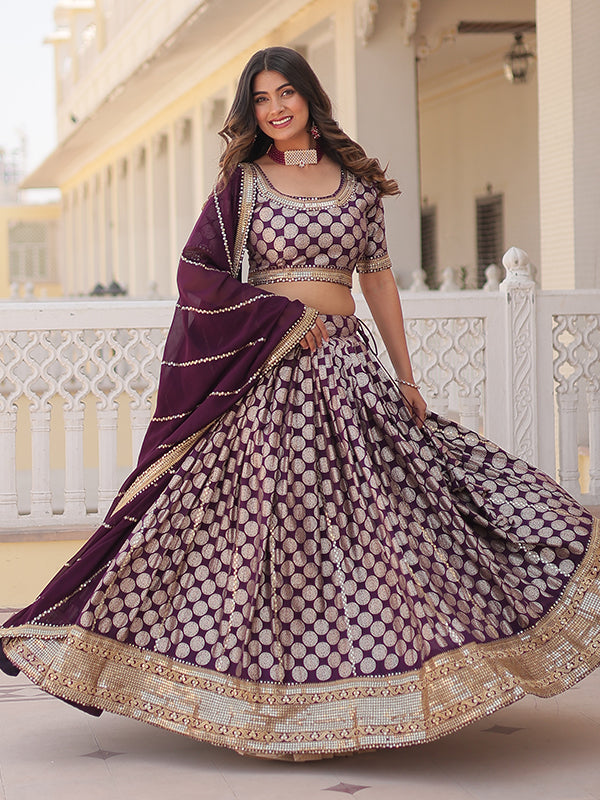 Wine Viscose Jacquard With Embroidered Lehenga Choli