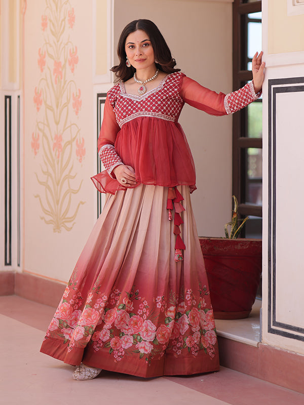 Peach Beads Embroidered Work Chiffon Top With Flower Print Lehenga