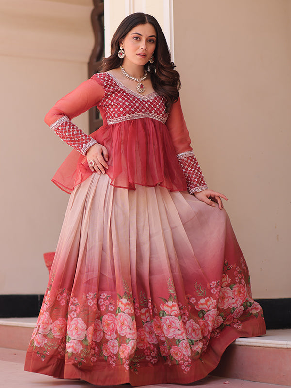 Peach Beads Embroidered Work Chiffon Top With Flower Print Lehenga