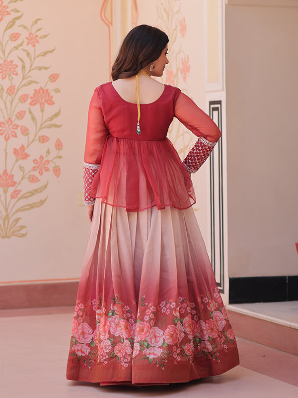 Peach Beads Embroidered Work Chiffon Top With Flower Print Lehenga