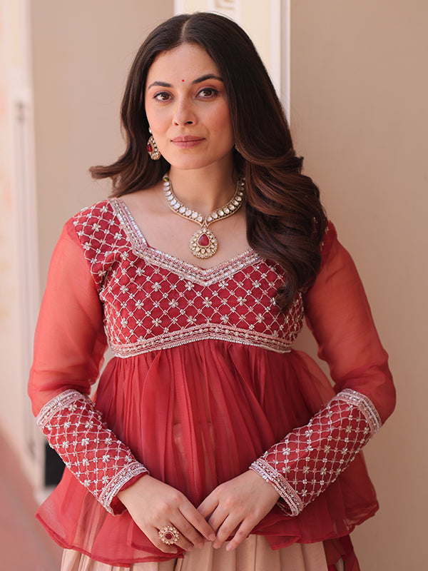 Peach Beads Embroidered Work Chiffon Top With Flower Print Lehenga