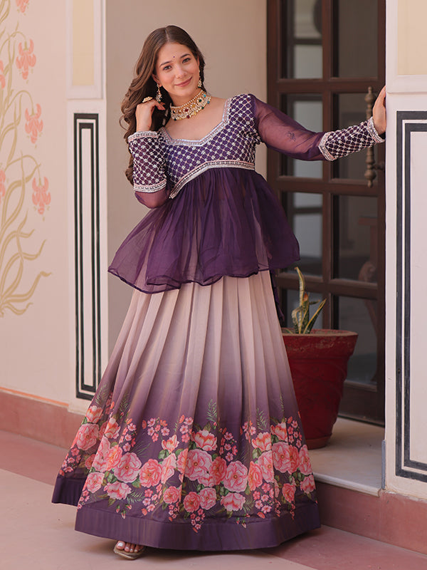 Purple Beads Embroidered Work Chiffon Top With Flower Print Lehenga