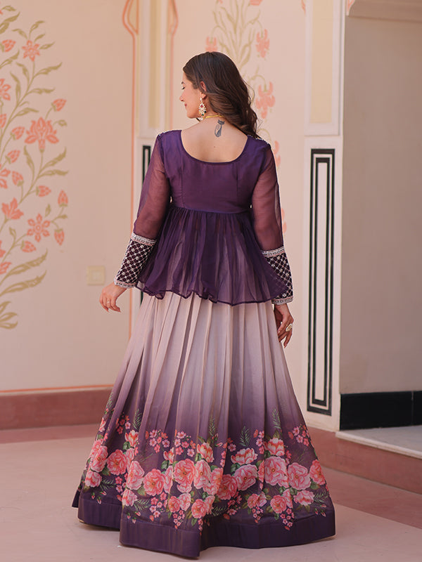 Purple Beads Embroidered Work Chiffon Top With Flower Print Lehenga