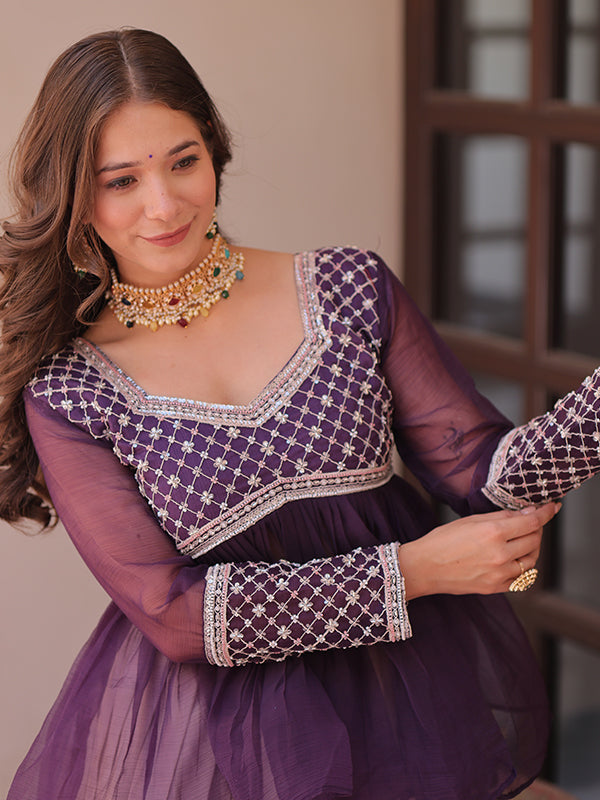 Purple Beads Embroidered Work Chiffon Top With Flower Print Lehenga