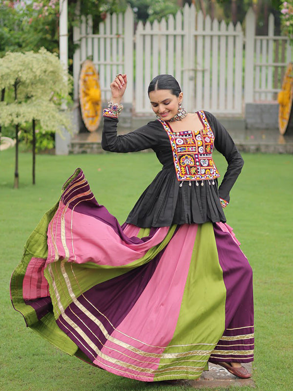 Black Reyon Top With Multi Color Gota Patti Lace Work Lehenga