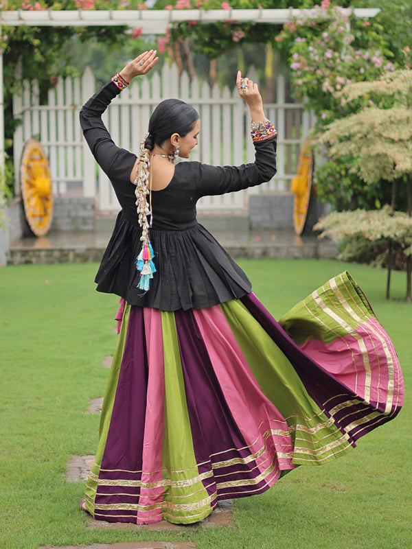Black Reyon Top With Multi Color Gota Patti Lace Work Lehenga
