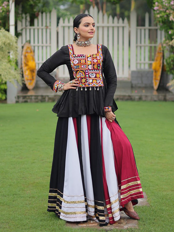 Black Kutchi Gamthi Work Top With Multi Color Roman Lehenga