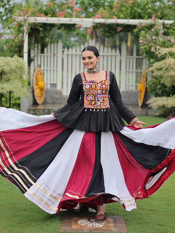 Black Kutchi Gamthi Work Top With Multi Color Roman Lehenga
