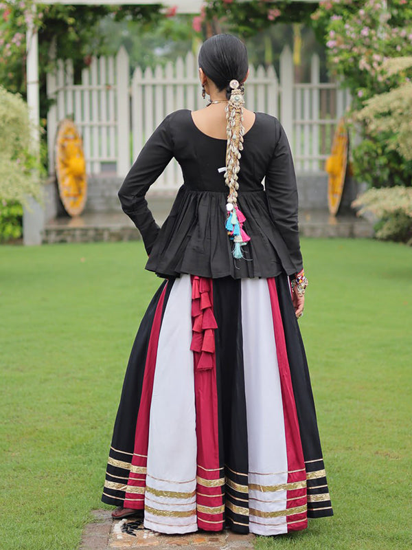 Black Kutchi Gamthi Work Top With Multi Color Roman Lehenga