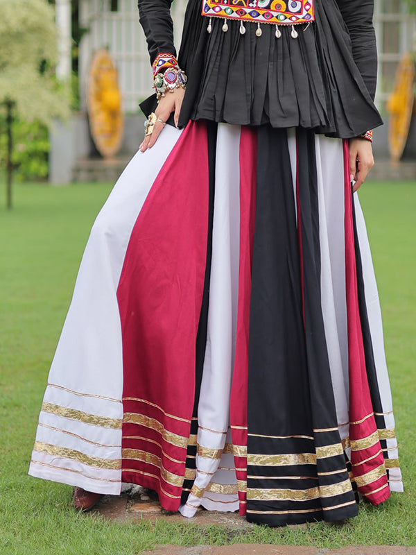 Black Kutchi Gamthi Work Top With Multi Color Roman Lehenga