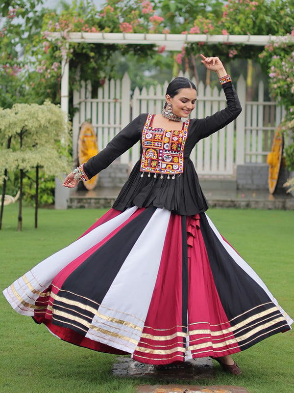 Black Kutchi Gamthi Work Top With Multi Color Roman Lehenga